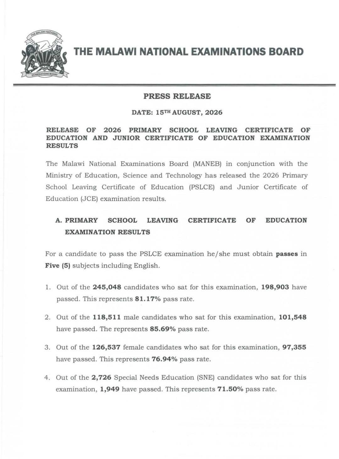 2026 PSLCE & JCE Examination Results